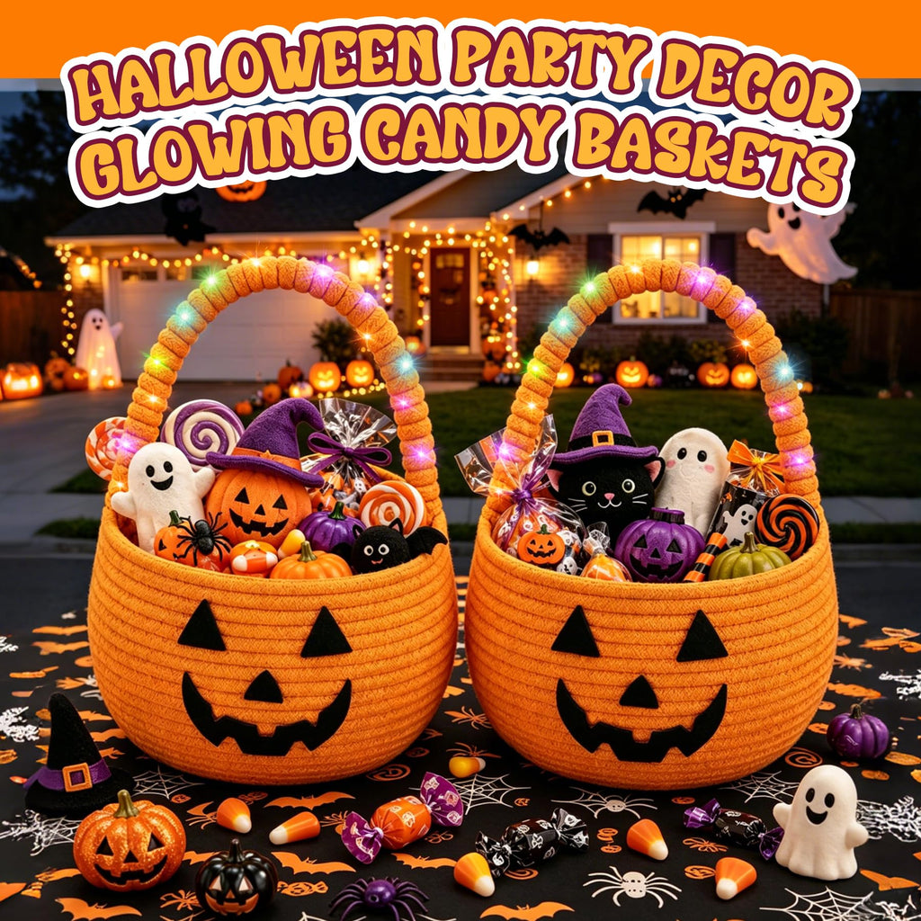 2Pcs Halloween Trick or Treat Basket with LED String Lights - Orange Orange+light