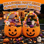 2Pcs Halloween Trick or Treat Basket with LED String Lights - Orange Orange+light