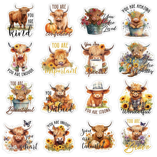 AnyDesign 480Pcs Highland Cow Stickers Inspirational Cute Cow Label Stickers Motivational Animal Paper Decals for Water Bottles Laptop Scrapbook Decor, 16 Styles