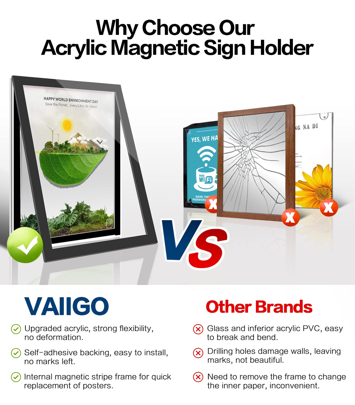 8.5" x 11" Acrylic Sign Holder Wall Mount, Self Adhesive Magnetic Display Frame with Nano Tape and Strong Magnetic Frames for Wall, Door, Glass, Home, Store, Office (Black, 3Pack) Black 3 Pack 8.5" x 11"