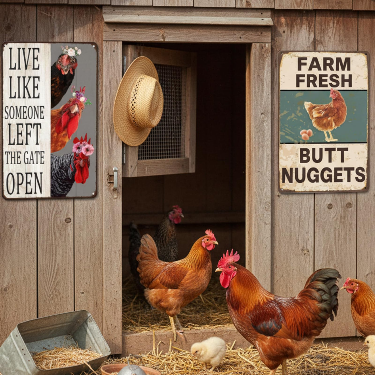 2PCS Chicken Coop Decor, Farmhouse Chicken Signs with Construction, Rustic Chicken Decorations for Outdoor Coops, Set of Two Chicken Coop Signs Measuring 20x30cm