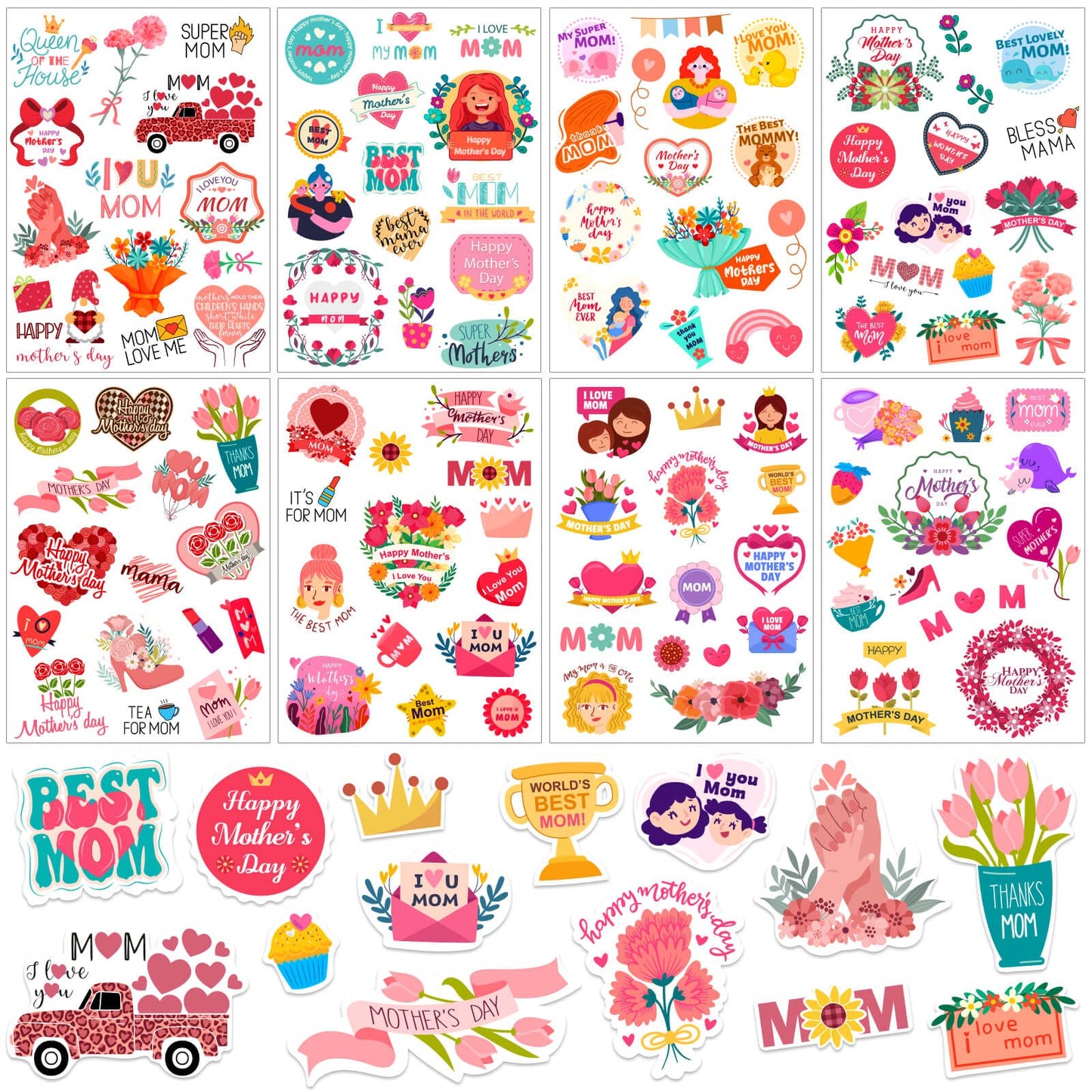 Happy Mothers Day Stickers, 16 Sheets Cute Mom Stickers for Mother's Day Gift Cards Labels Party Gift Decorations