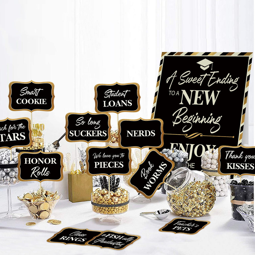 2026 Graduation Candy Buffet Signs Decorations, Black Gold Grad Party Candy Bar Signs Set Graduation Party Dessert Food Decorations