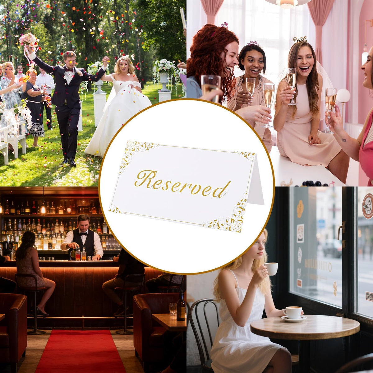 30 Pack Reserved Table Signs, White Reserved Signs with Gold Foil Design