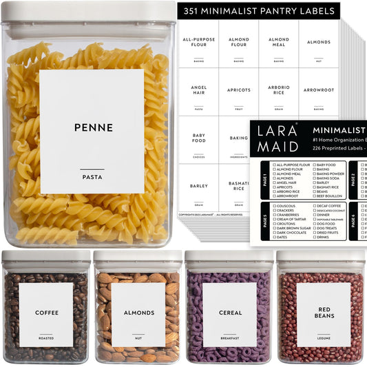 351 Ultimate Pantry Label Set, Black Text on White Vinyl Waterproof Label Sticker with Removable Adhesive- Fits on round, square and rectangle jars - Organize pasta, baking, legume and grain Pantry Labels Rectangle X-Large
