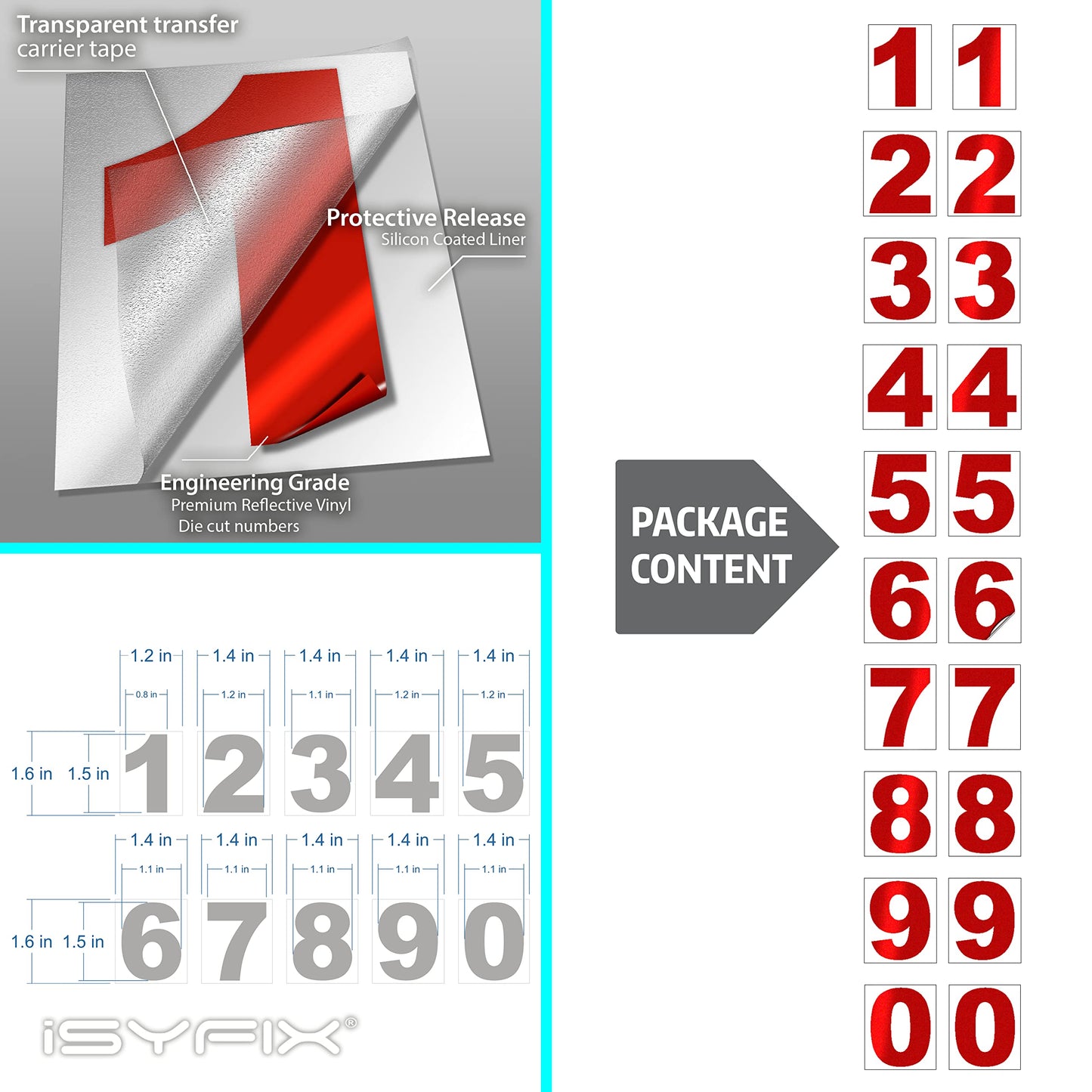 iSYFIX Reflective Red Vinyl Numbers Stickers - 1.5 Inch (2 Sets) - Premium Decal Die Cut and Pre-Spaced for Mailbox, Signs, Window, Door, Cars, Trucks, Home, Business, Address Number, Indoor/Outdoor