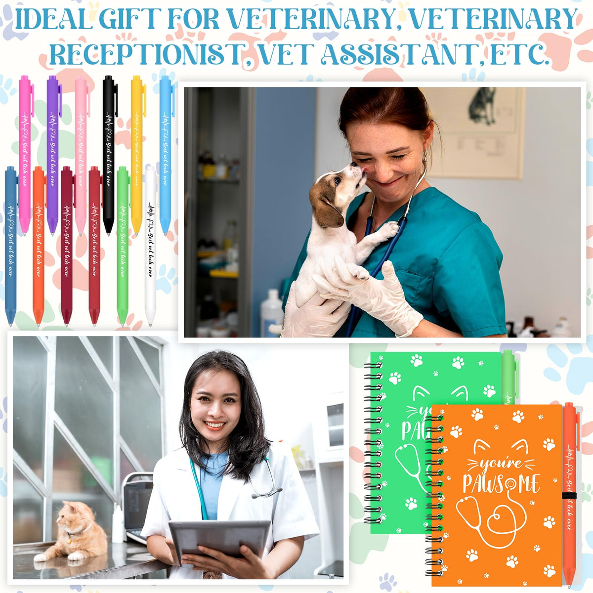 12 Sets Vet Tech Week Gifts Bulk Dog Paw Notebooks with Ballpoint Pens