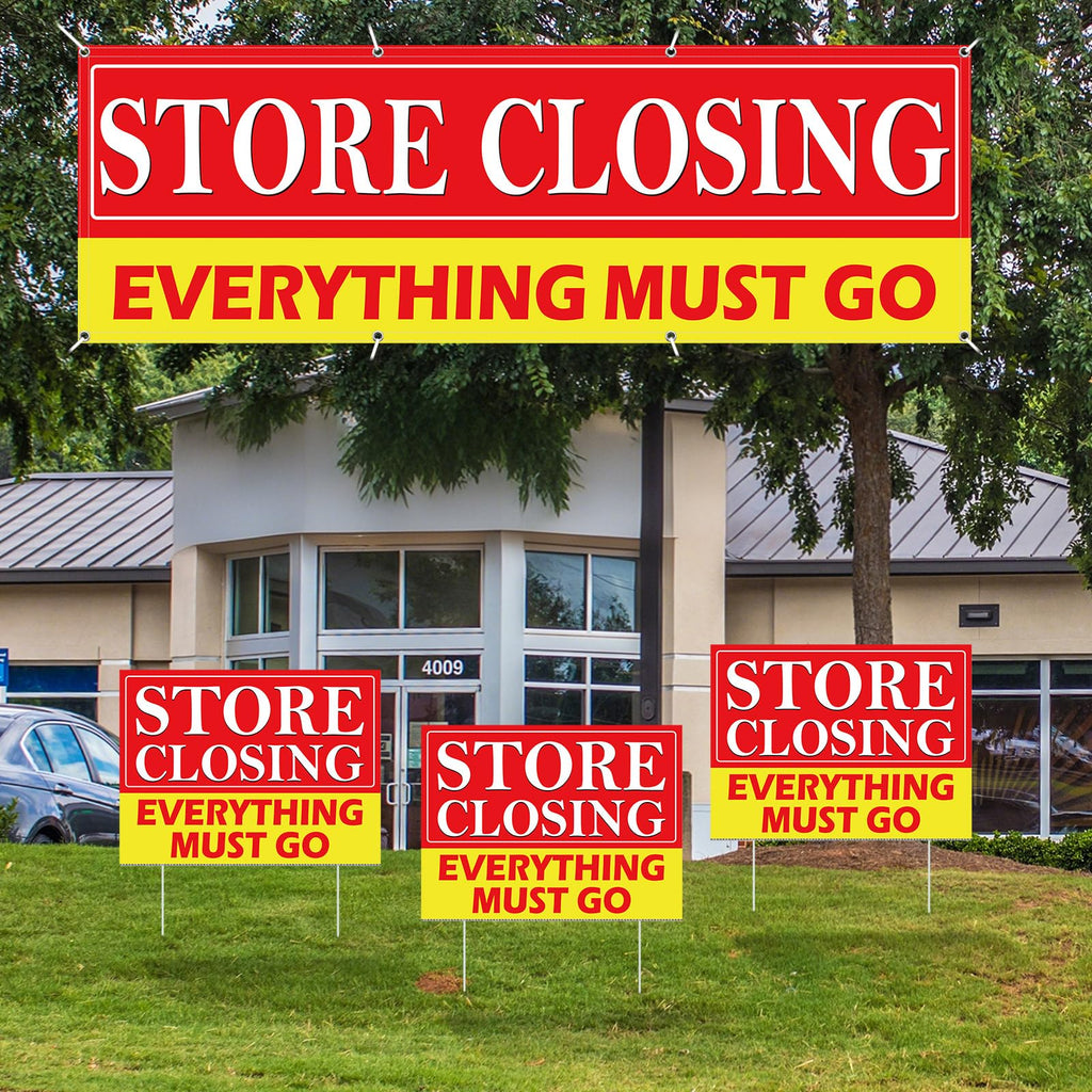 4 Pcs Store Closing Banner Signs Kit with Stakes and Grommets