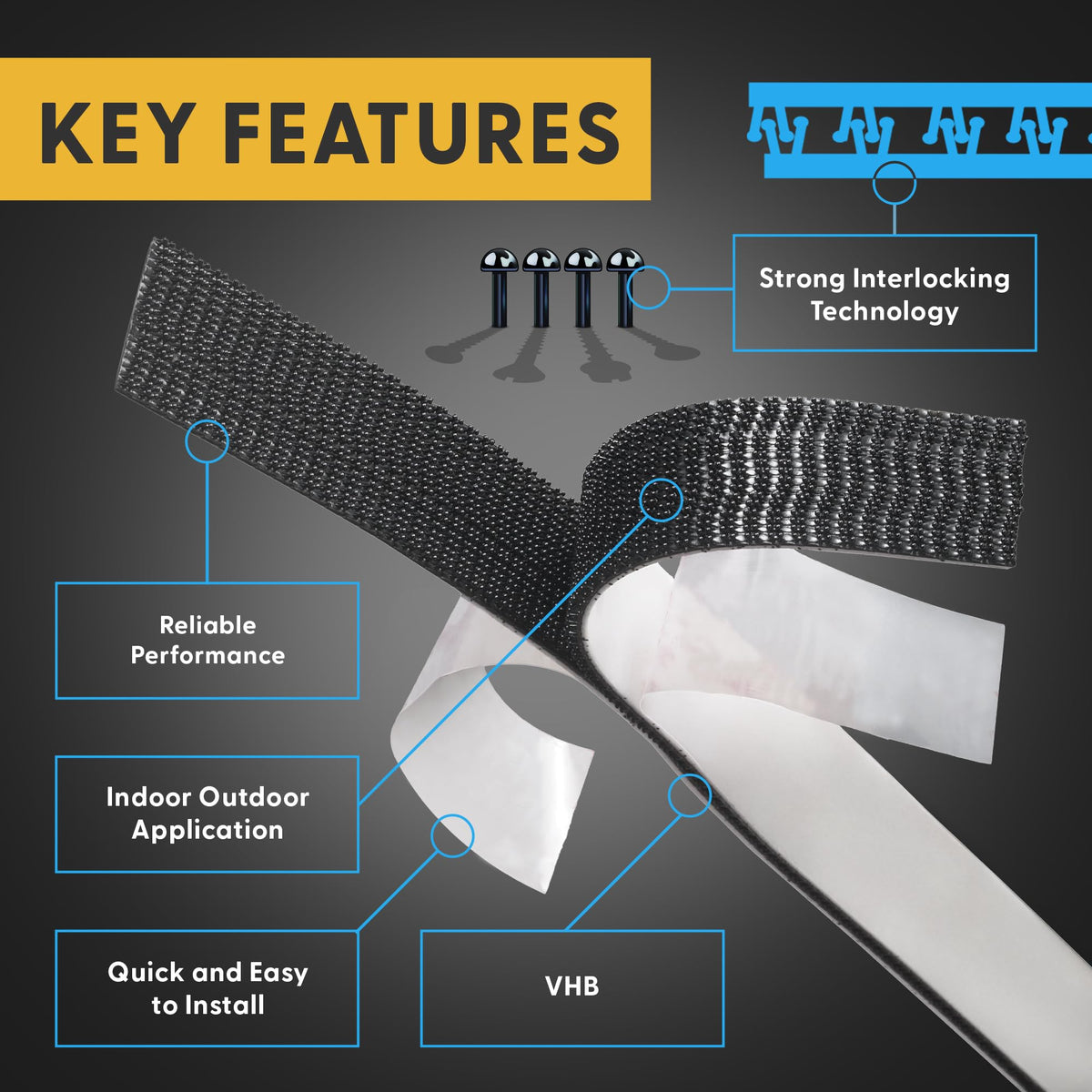Industrial Strength - Black Indoor/Outdoor Adhesive Mounting Tape - Self Mating Reclosable Fastener Compatible with 3M SJ3550 / SJ3560 Dual Lock 20 INCH