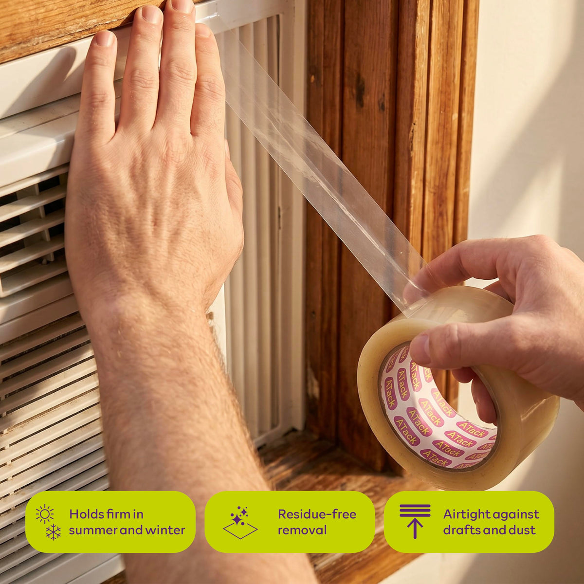 ATack Transparent Window Weather Sealing Tape, 2-Inch x 30 Yards, Clear Window Draft Isolation Sealing Film Tape- No Residue, Surface-Safe, Wood-Safe, Removes Cleanly 2" x 30 Yards (Single Pack)