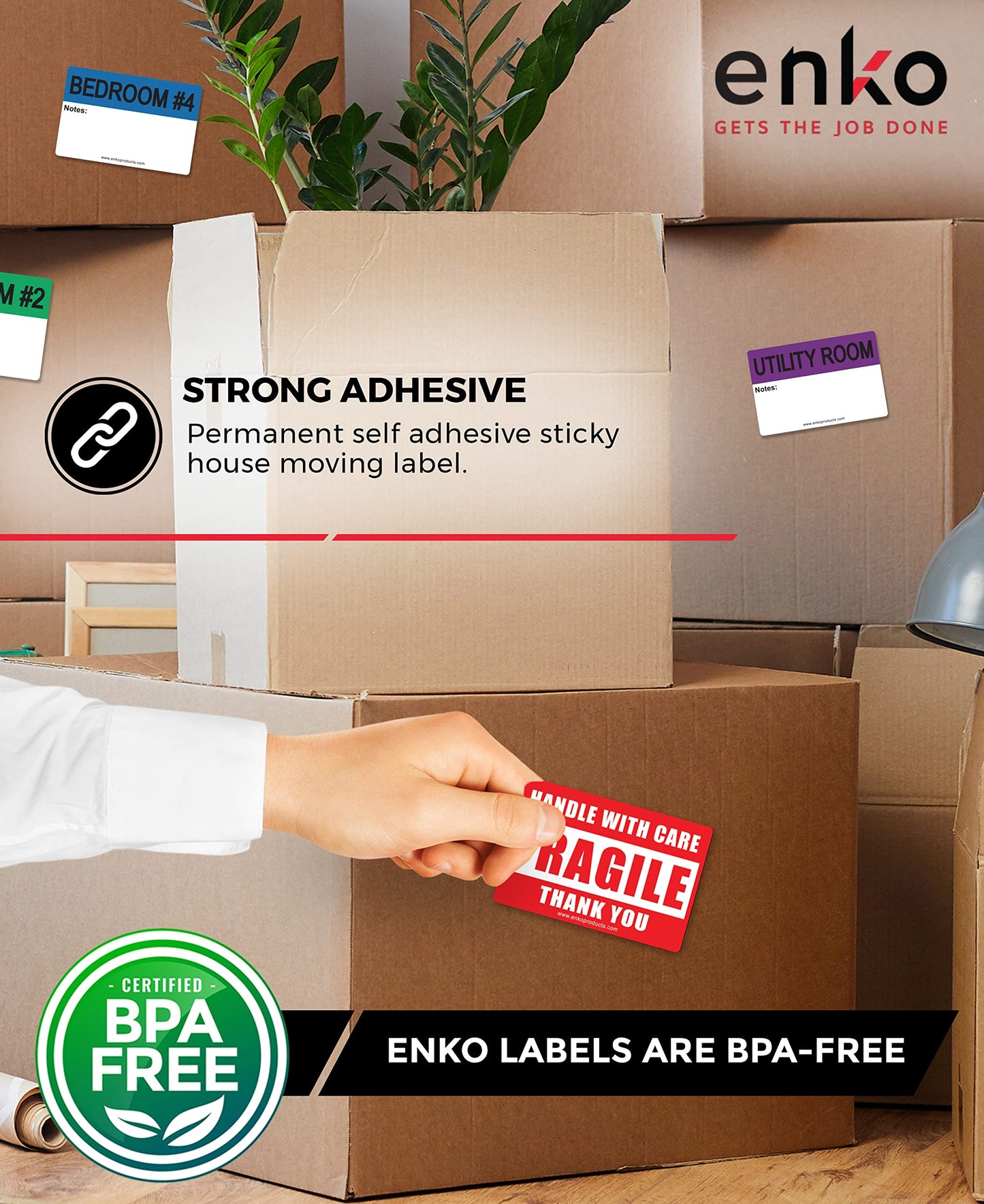 enKo - 2 x 3 Inch Extra Large Home Moving Packing Labels Stickers for Box - Color Coded for Boxes, Packing Box Fragile Stickers (800 Labels, 4 Bedroom House) 2" X 3" 80 Sheets, 800 Labels