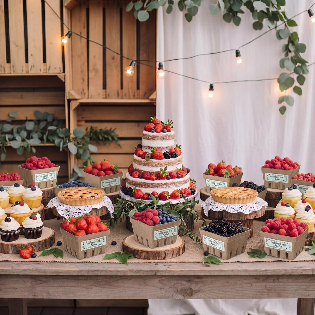 60 Sets Natural Pulp Berry Baskets with Fresh off the the Market Stickers Berry Carton Farmer Market Party Bridal Shower Favor Small Vented Produce Containers for Locally Grown Grocery