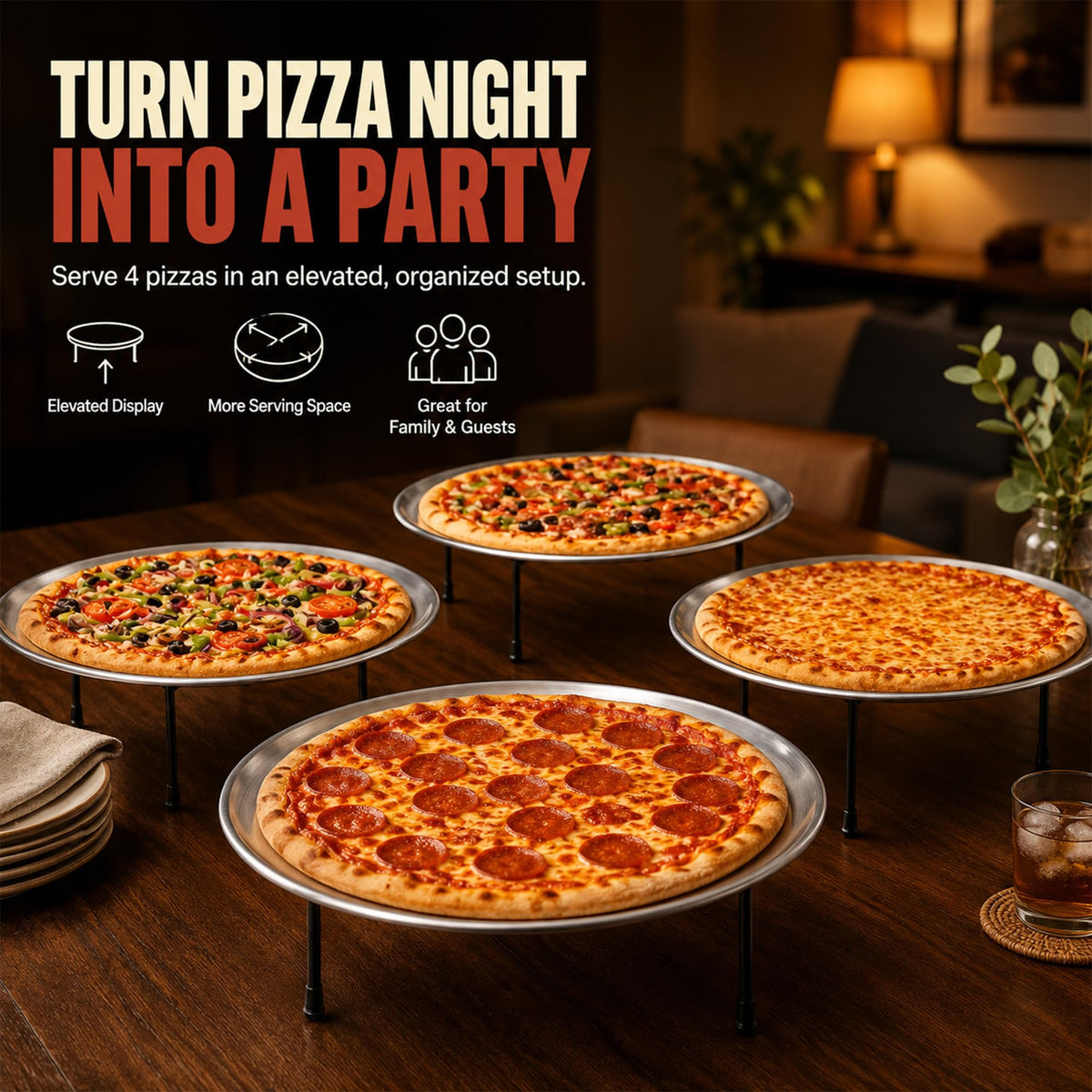 Pizza Stands for Party, 4 Riser Set with Pans and Servers & Cutter