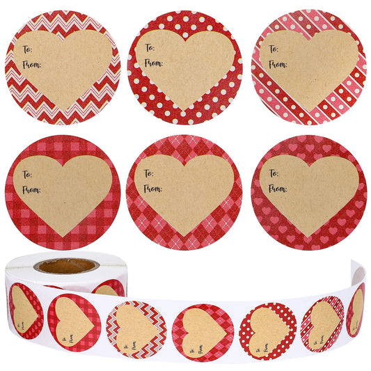 Whaline 600Pcs Valentine Red Heart Tag Stickers Heart Plaid Dot Stripe Pattern Kraft Name Tag Decals to & from Label Self-Adhesive Stickers for Wedding Gift Wrapping Card Envelope Decor 6 Design