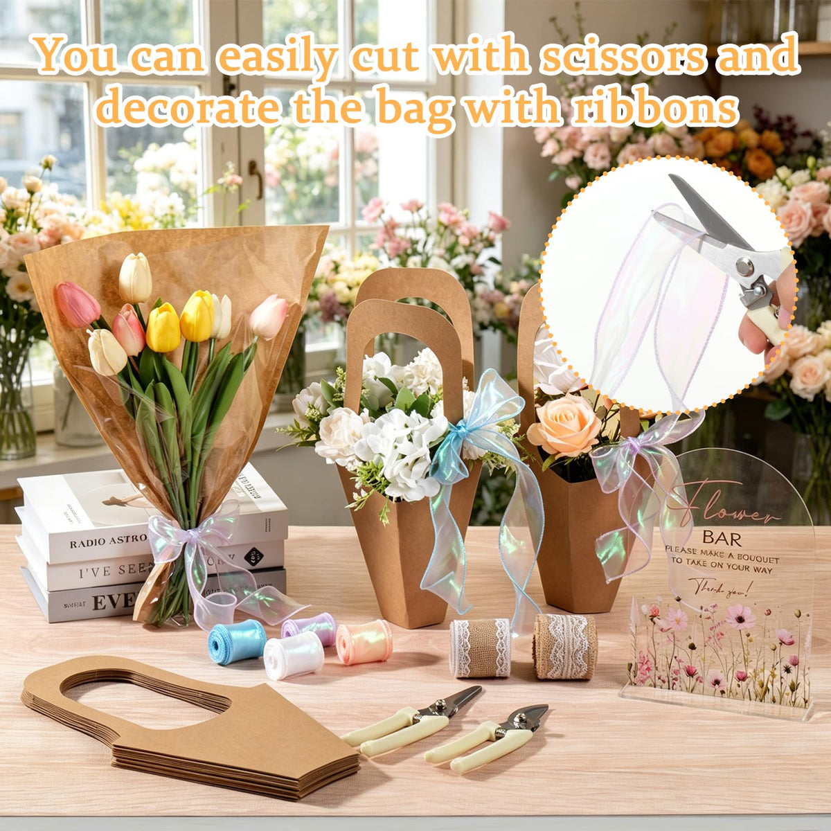 Flower Bar Supplies Set for Floral Bloom Decor Include Acrylic Flower Bar Sign Bouquet Wrapping Gift Bags Chiffon Ribbon and Garden Scissors, Applicable to Wedding Bridal Baby Shower Birthday Party