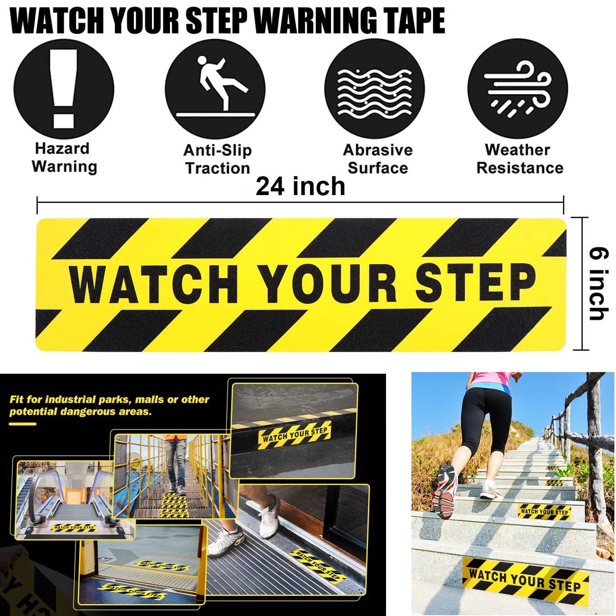 3-Pack Watch Your Step Sticker Sign Stair 6 x 24 Inch Caution Watch Your Step Floor Decals Warning Sticker Adhesive Tape Anti Slip Abrasive Tape for Workplace Safety Wet Floor Caution