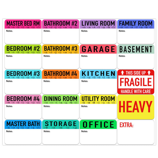 300 Pcs Moving Packing Box Labels 2” x 3” with Writable Notes Areas, 20 Designs Pre-Printed Color-Coded Home Moving Sticker Including Fragile & Customizable Blanks (Large, Count, 15) (Black) Black