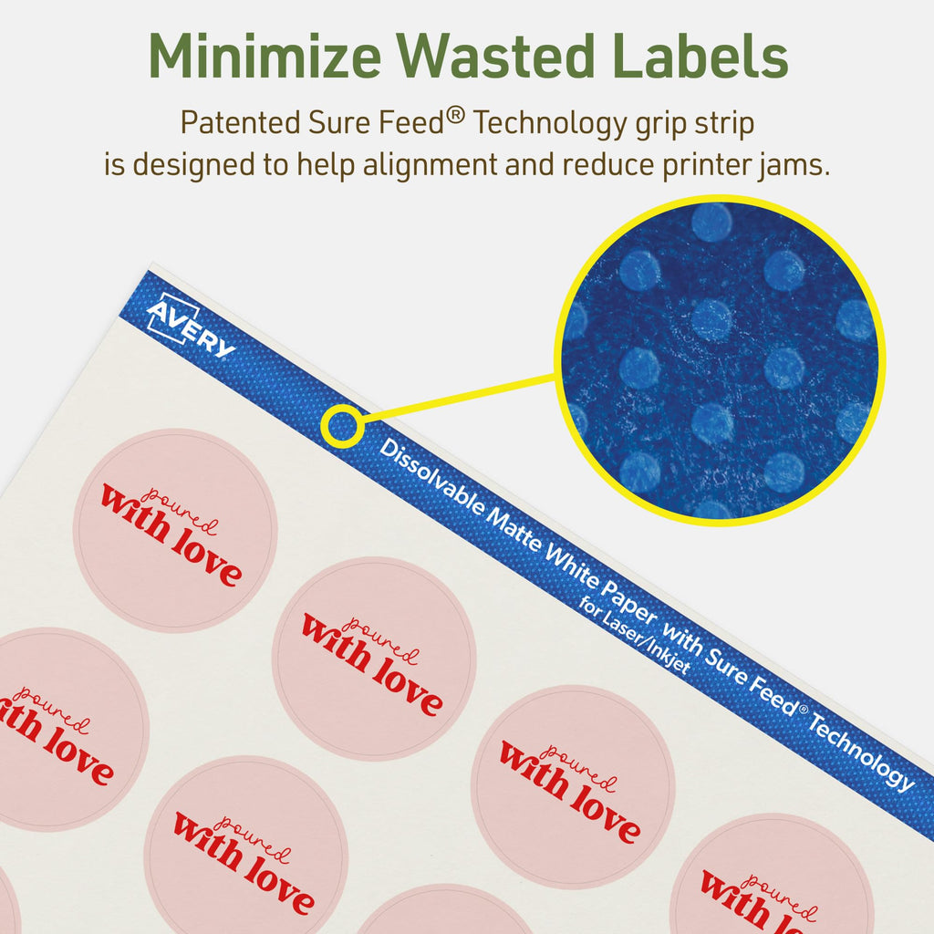 Avery Dissolvable Round Labels, Sure Feed Technology, 1-5/8" Diameter, Matte White, Print-to-The-Edge, Laser/Inkjet Printable, 200 Labels Total