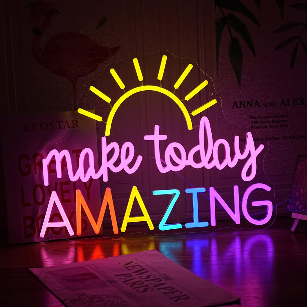 GNVETZLL Make Today Amazing Neon Sign Yellow Sunrise Neon Light Inspirational Letter Neon Light Up Sign Boho Wall Art LED Light Sign for Party Birthday Cafe Wedding Gym Half the Sun