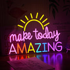 GNVETZLL Make Today Amazing Neon Sign Yellow Sunrise Neon Light Inspirational Letter Neon Light Up Sign Boho Wall Art LED Light Sign for Party Birthday Cafe Wedding Gym Half the Sun