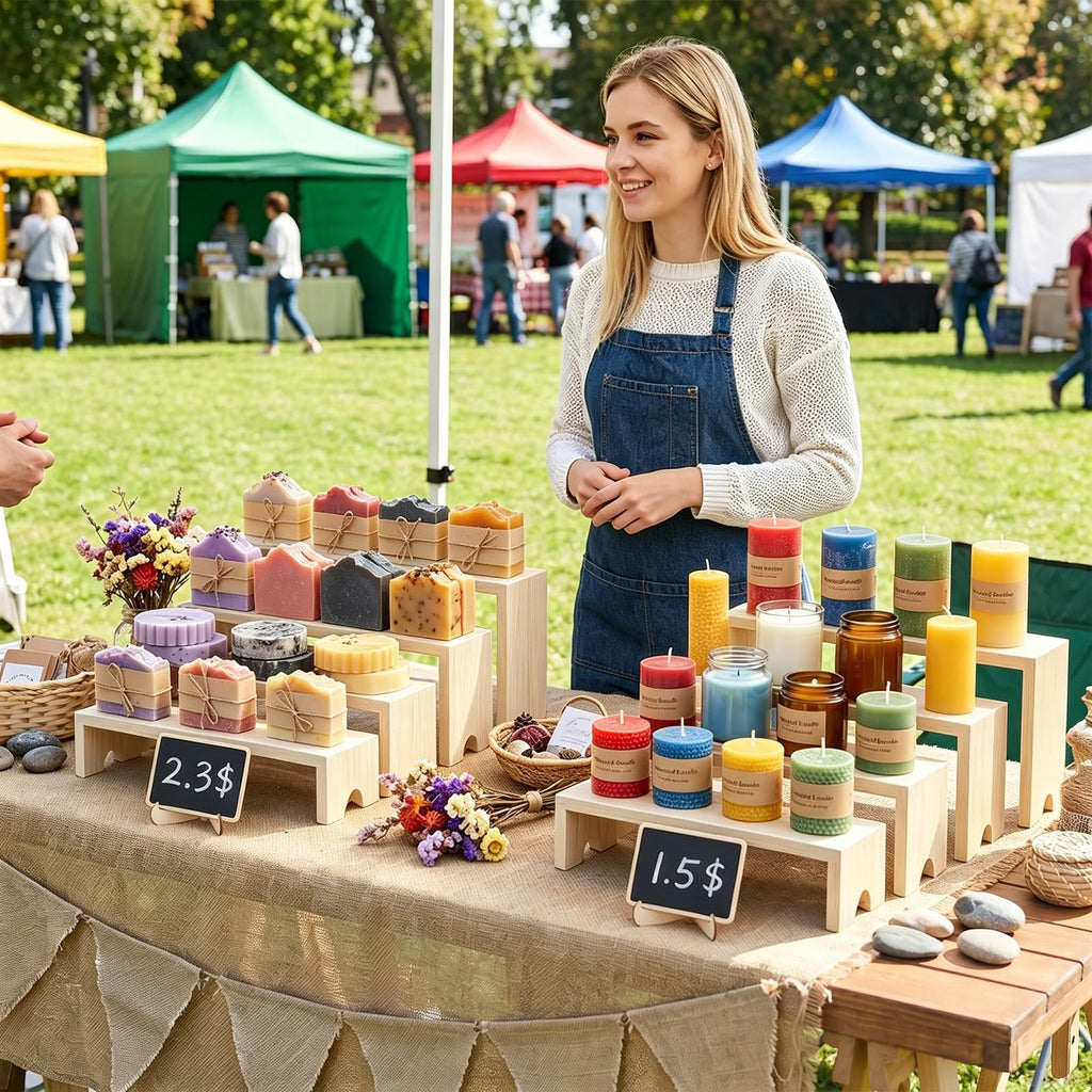 2 Set Wooden Tiered Risers Display Stands,Large Wood Display Risers,Stackable Wooden Cupcake Stand Tiered Riser Display Stands,for Vendor Events,Food Display Risers for Party,2 Set 4 Tiered(Nature) Nature