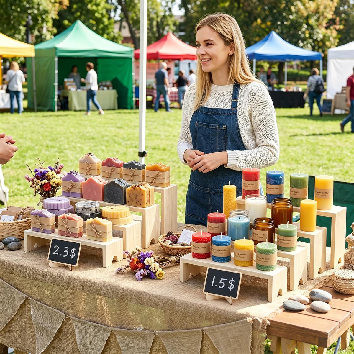2 Set Wooden Tiered Risers Display Stands,Large Wood Display Risers,Stackable Wooden Cupcake Stand Tiered Riser Display Stands,for Vendor Events,Food Display Risers for Party,2 Set 4 Tiered(Nature) Nature