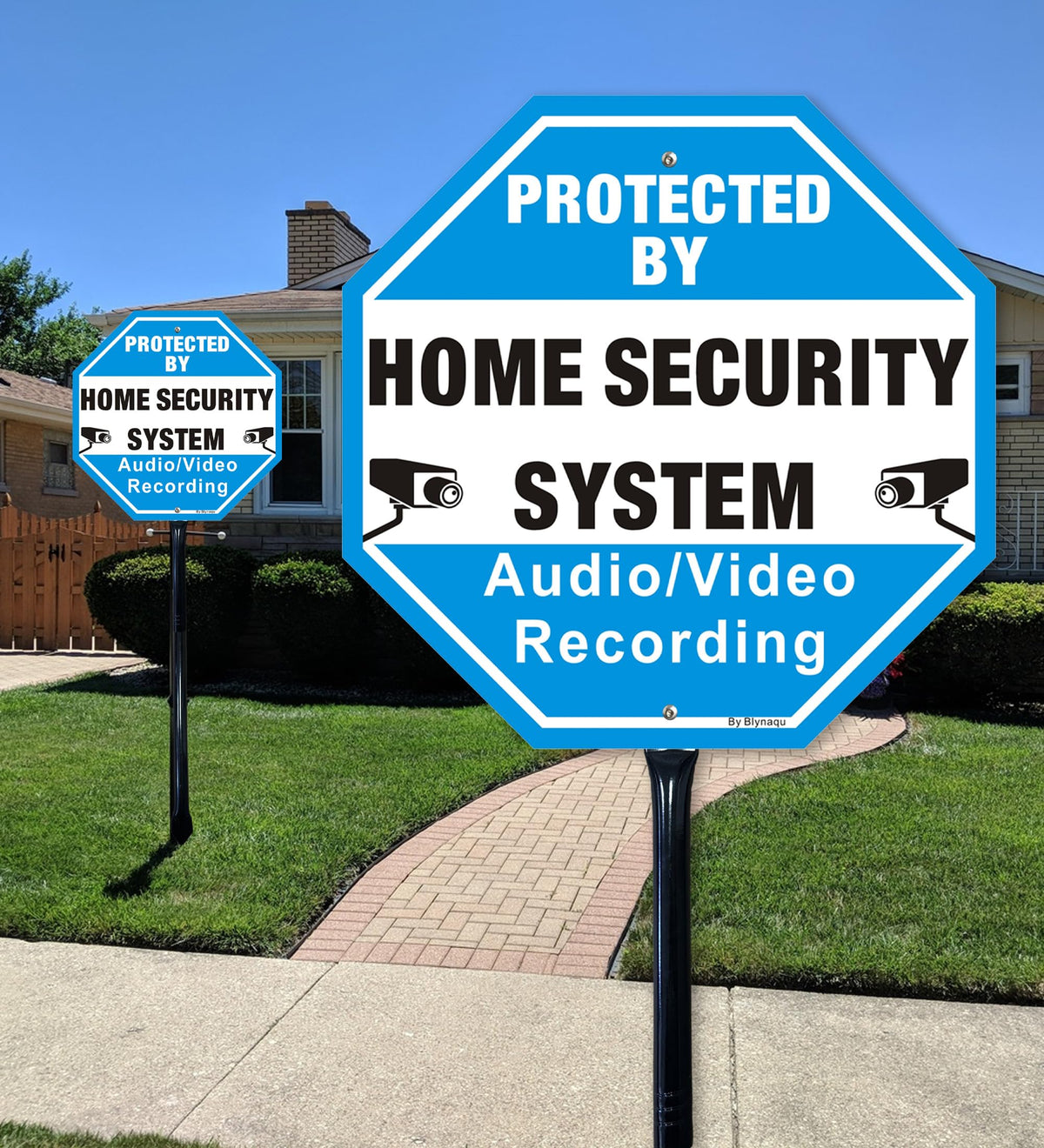 2 Pack Protected By Home Security System Signs for Yard, 12" x 12" Aluminum Sign with 36" Metal Stakes, Audio Video Recording Warning Sign, Reflective Aluminum 2Pack with Black Stake