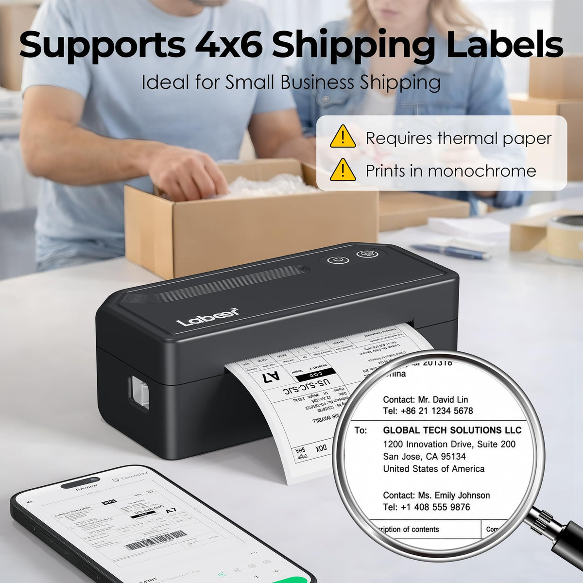 Labeer Bluetooth Thermal Shipping Label Printer, Wireless 4x6 Label Printer Black