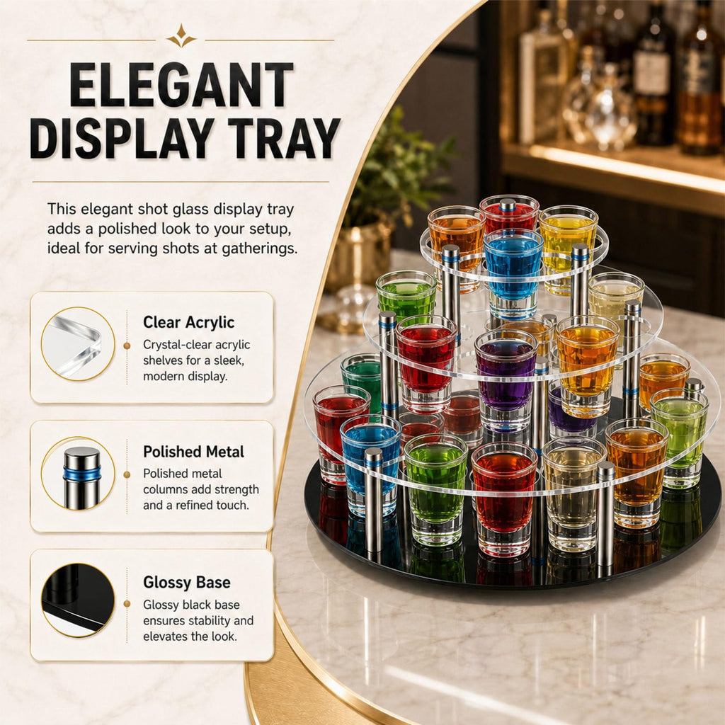 3 Tier 30 Shot Glass Holder Tray with Central Bottle Slot
