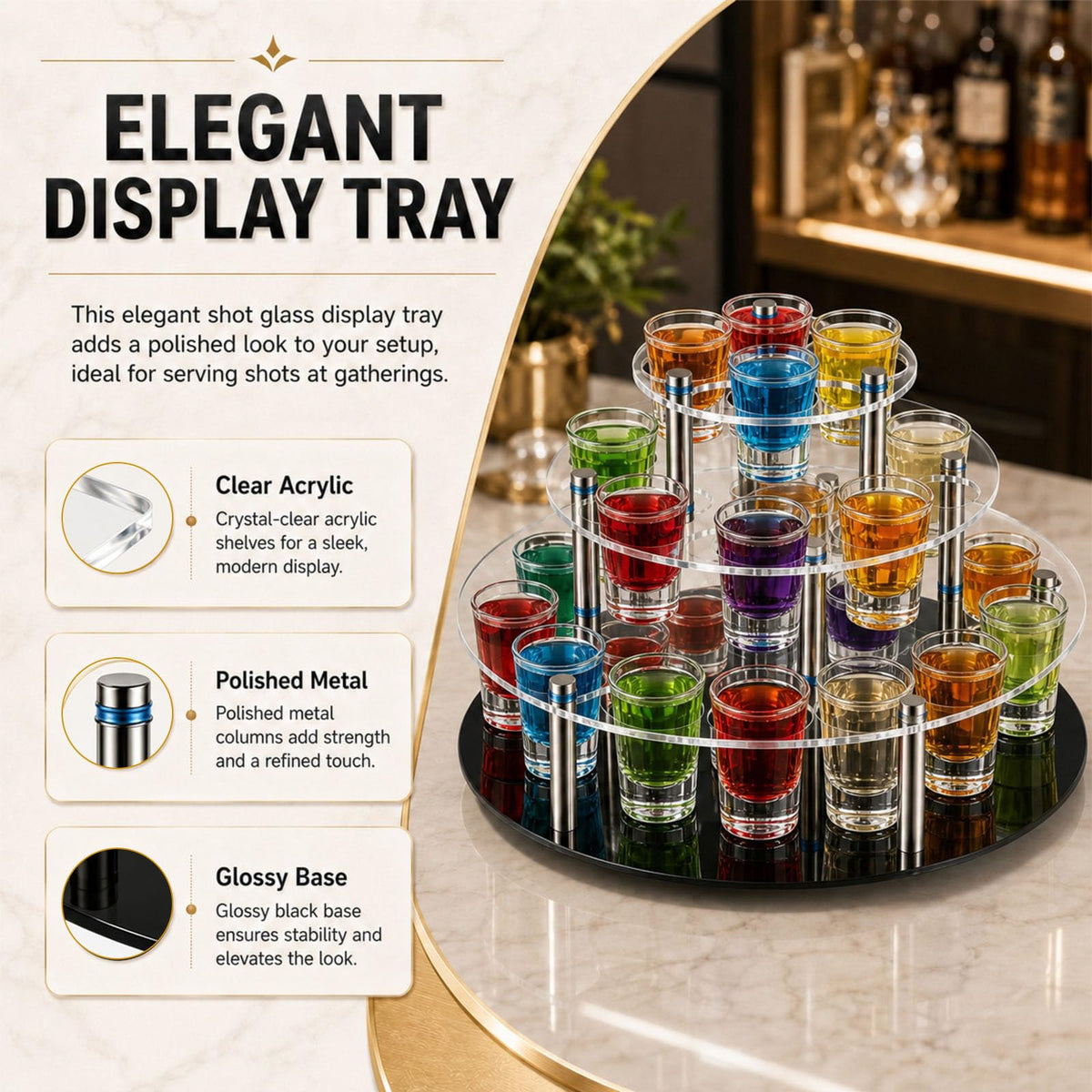 3 Tier 30 Shot Glass Holder Tray with Central Bottle Slot