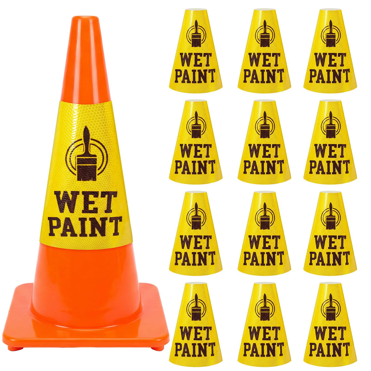 BreezeHug 12 Pcs Wet Paint Reflective Cone Message Stickers - Reserved Parking with Symbol Adhesive Vinyl Signs Stickers Labels, 360° Degree Visibility, 3 Side Printing for Traffic Safety Cones