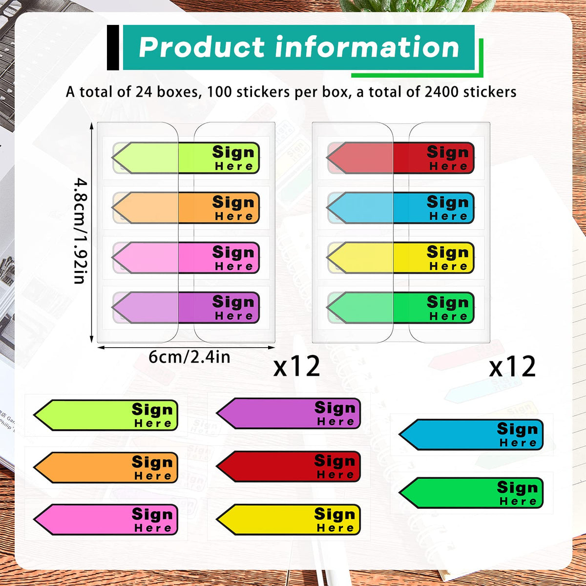 Tatuo 2400 Pcs Sign Here Arrow Tabs Self-Stick Flags 8 Colors, Sign Here