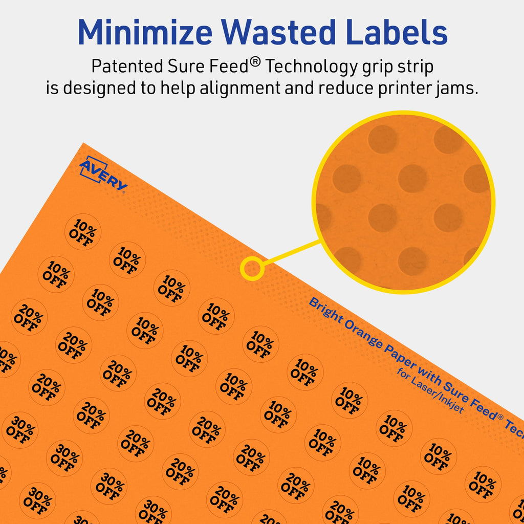 Avery® Printable Round Labels, Sure Feed® Technology, 1/2" Diameter, Bright Orange Labels, Print-to-the-Edge, Laser/Inkjet, 6,160 Total, Great for Price Stickers and Mailing Seals 6,160 labels