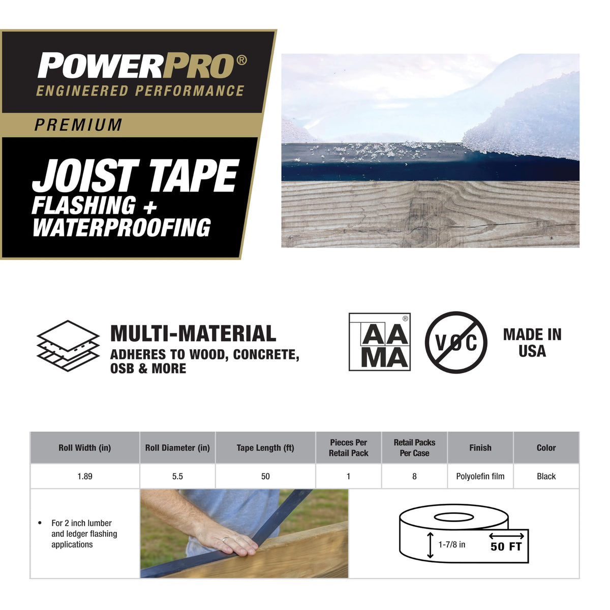 Power Pro Premium Exterior Deck Joist Flashing Tape for Decking, 2" x 50', All-Weather and Waterproof for Deck Protection, 1 Roll 2" x 50'