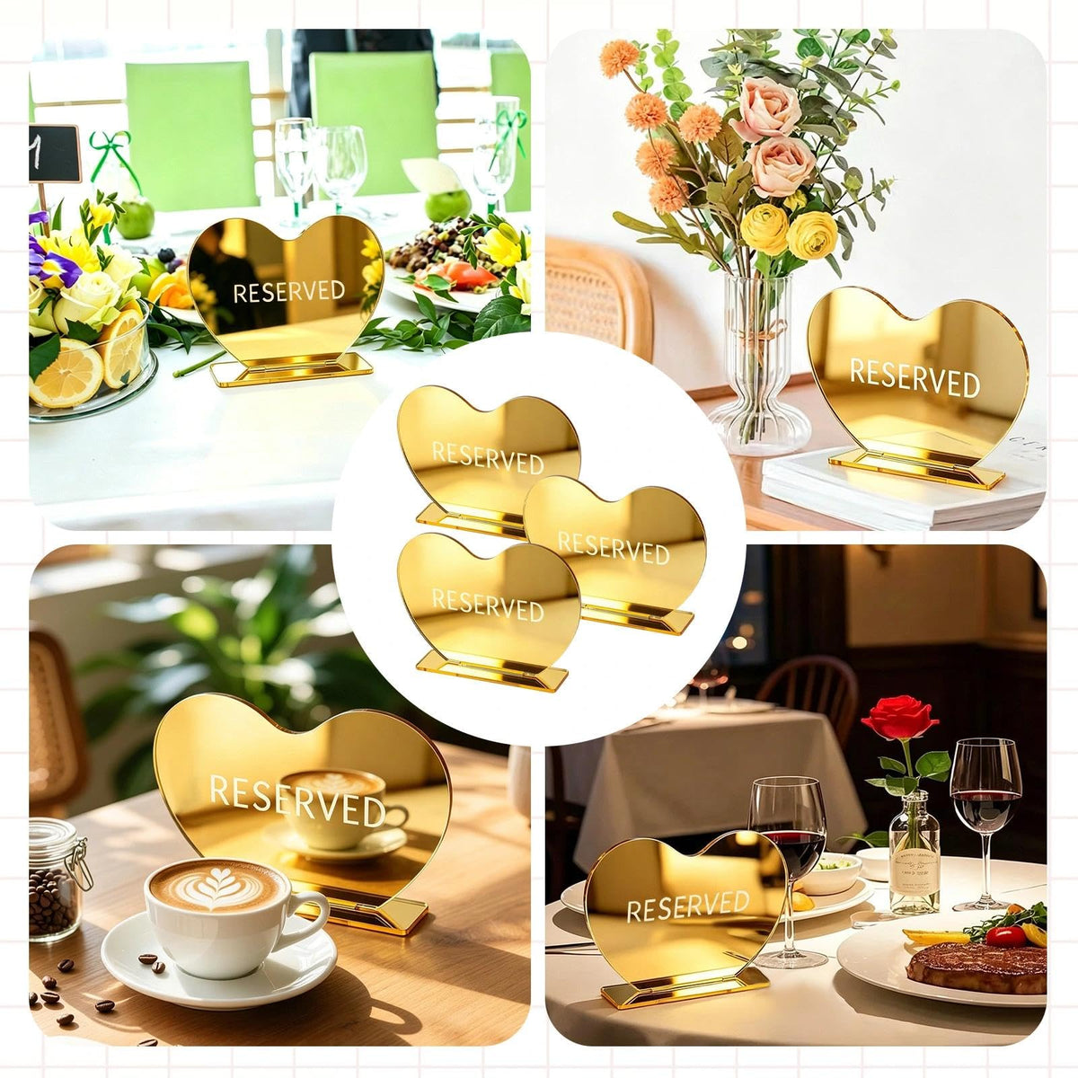 BLMHTWO 3pcs Gold Heart Reserved Table Signs for Wedding Party (4.72*6.3in)