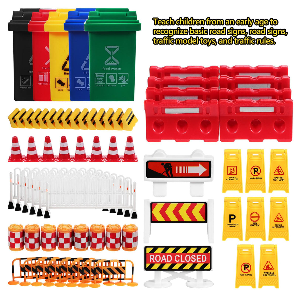 105PCS Mini Traffic Road Signs Set Mini Traffic Cones Construction Toys Miniature Trash can Light Crosswalk Signal Roadblocks Street Playset for Safety Education Plaything