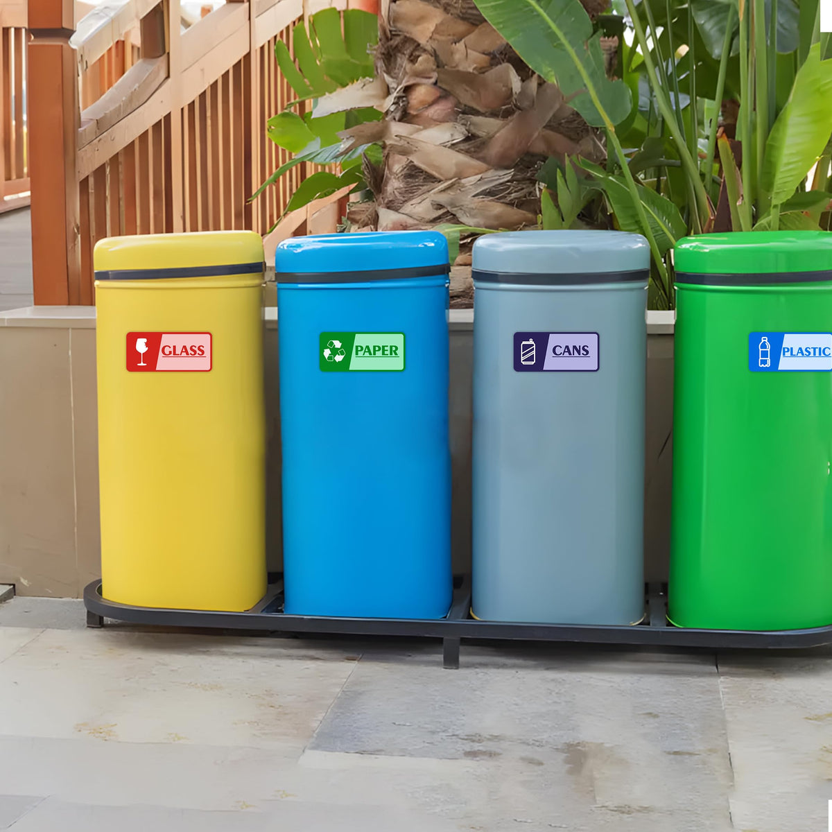 Set of four waterproof and fade-resistant recycling stickers for trash bins, ideal for home, office, or public areas.