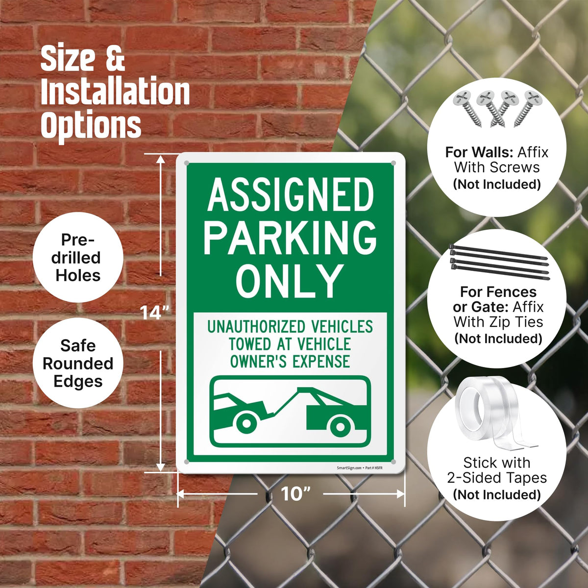 SmartSign 14 x 10 inch “Assigned Parking Only, Unauthorized Vehicles Towed” Metal Sign, 40 mil Laminated Rustproof Aluminium, White and Green, Made in USA 14x10 inches