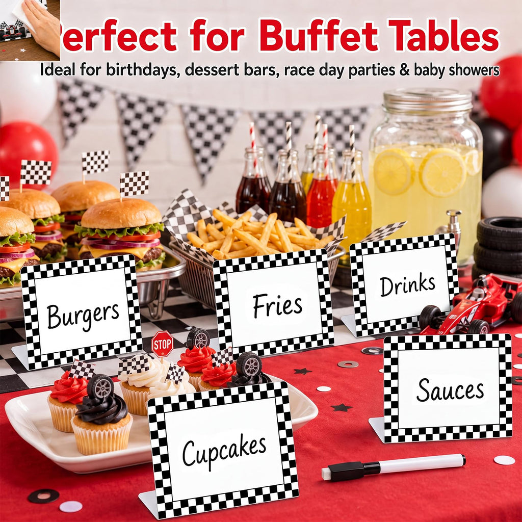 12 Pack Race Car Party Food Label with Marker Reusable Table Card Racing