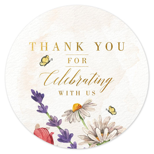 Country Wild Floral Wedding Thank You Labels Thank You for Celebrating with Us Stickers | 2 inch | Gold Foil | 60pcs Waterproof Favor Labels for Wedding, Bridal Shower, Baby Shower