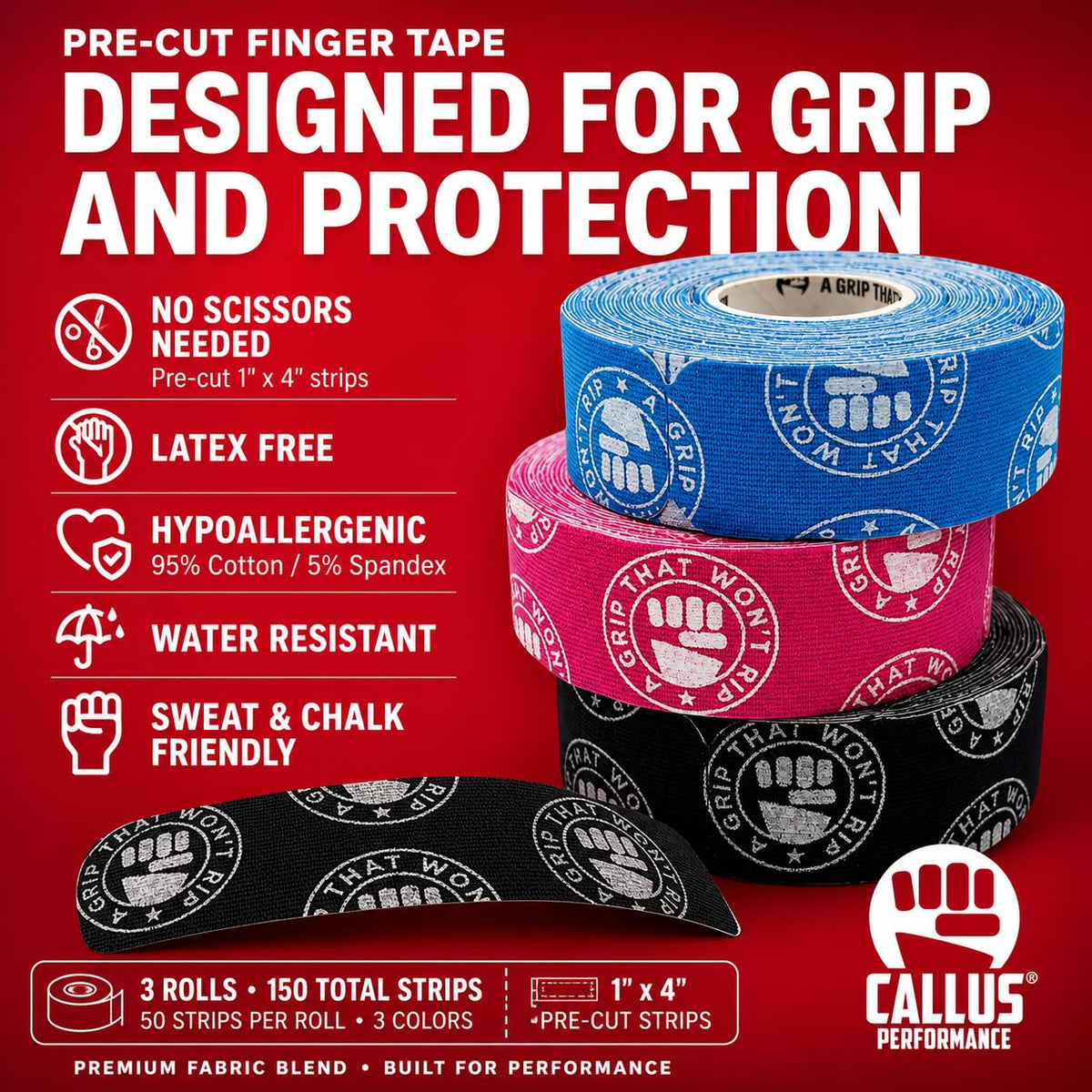 Pre-Cut Finger Tape (1x4") – Slim Hook Grip Tape for Weightlifting, Gymnastics & Rock Climbing – Flexible, Sweat-Proof & No-Residue Adhesive – 3-Pack, 150 Strips Total Athletic Finger Tape