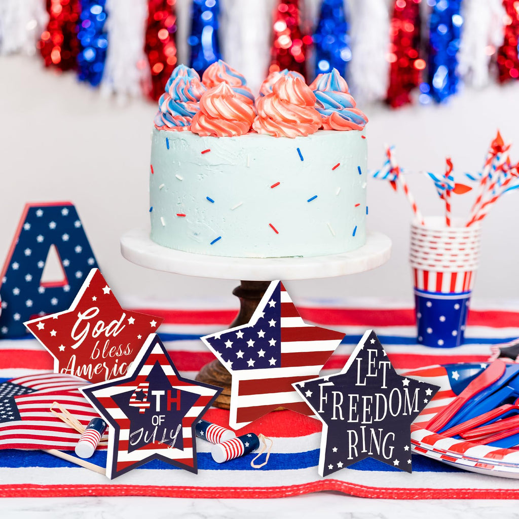 4th of July Decorations, 4 Pcs Wooden Star Signs Patriotic Wood Star Standing Blocks Red White and Blue Tiered Tray Decor for Home Office Independence Day 250th Anniversary Tabletop Decor