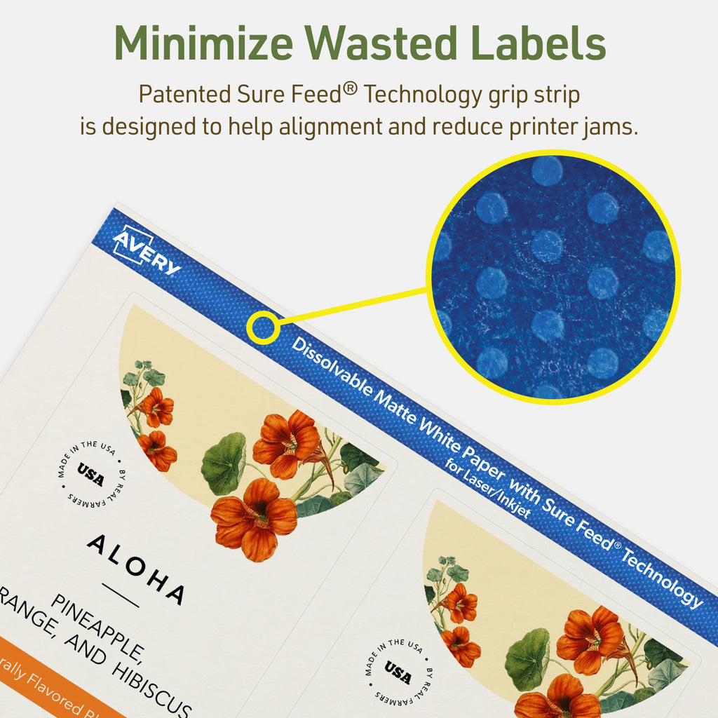 Avery Dissolvable Rectangle Labels, Sure Feed Technology, 5" x 3.5", Matte White, Laser/Inkjet Printable, 100 Labels Total, Freezer-Safe, Microwave-Safe, Refrigerator-Safe