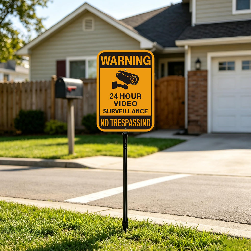 Video Surveillance No Trespassing Warning Sign with 36" Metal Stake, 10x14 Inch Aluminum, Reflective, 2Pack