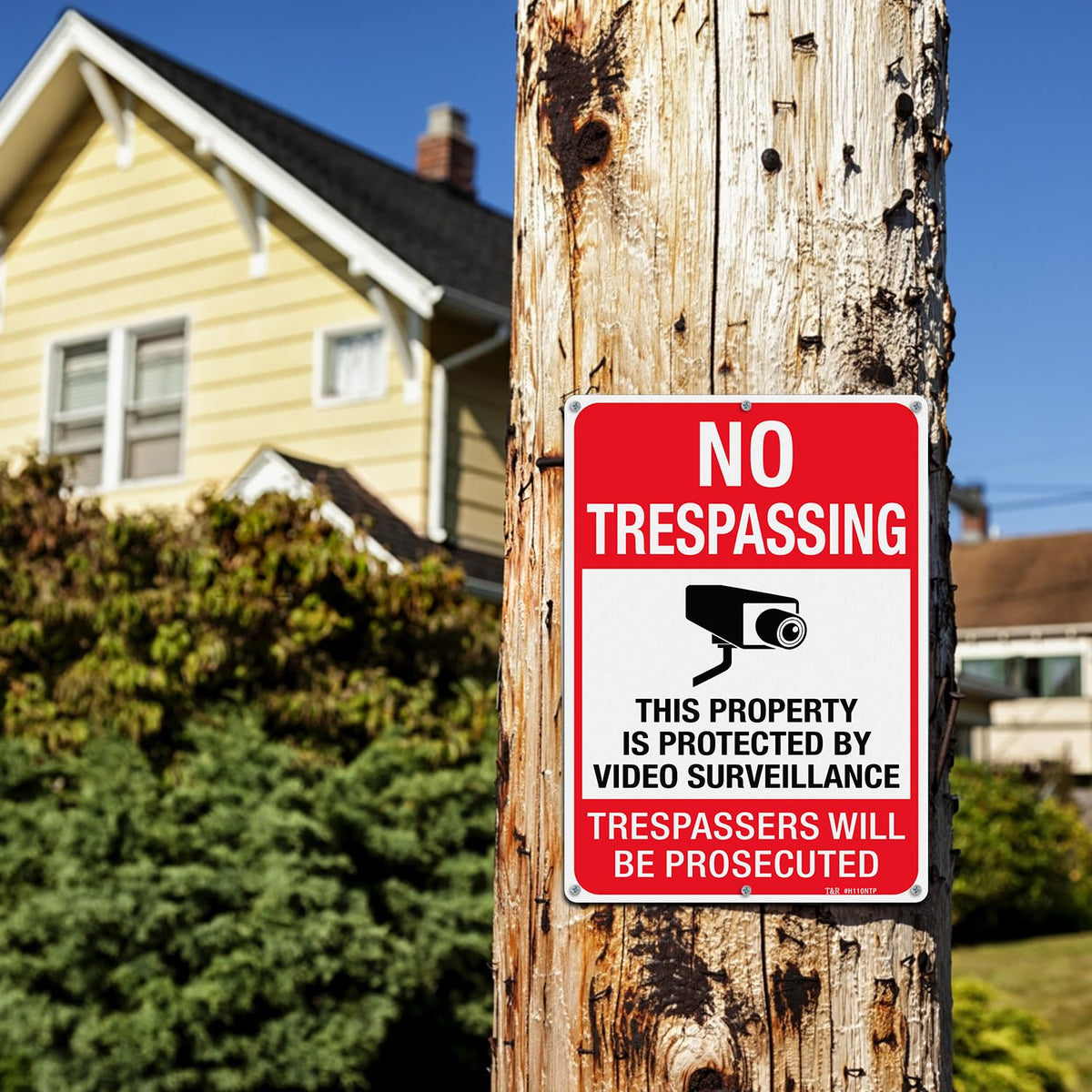 T&R Large No Trespassing Private Property Sign Video Surveillance Sign - 14 x 10 InchesRust Free .040 Aluminum Reflective, Weather Resistant, Waterproof, Fade Resistant, 6 Pre-drilled Holes - 4 Pack Trespassers Will Be Prosecuted 14" x 10" - 4 Pack