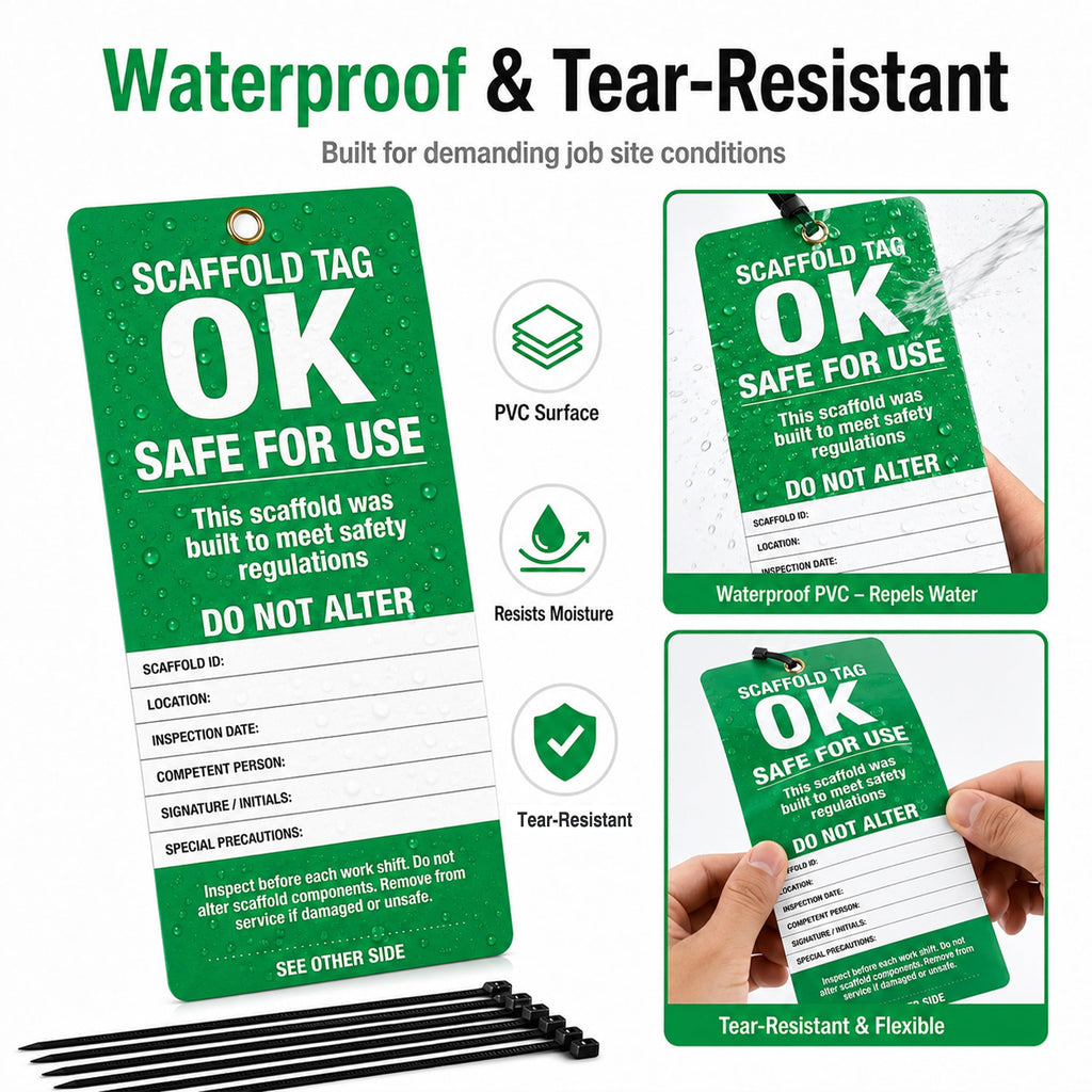 Scaffold Inspection Tags 25 Pack, OSHA Green Safety Tags with Cable Ties