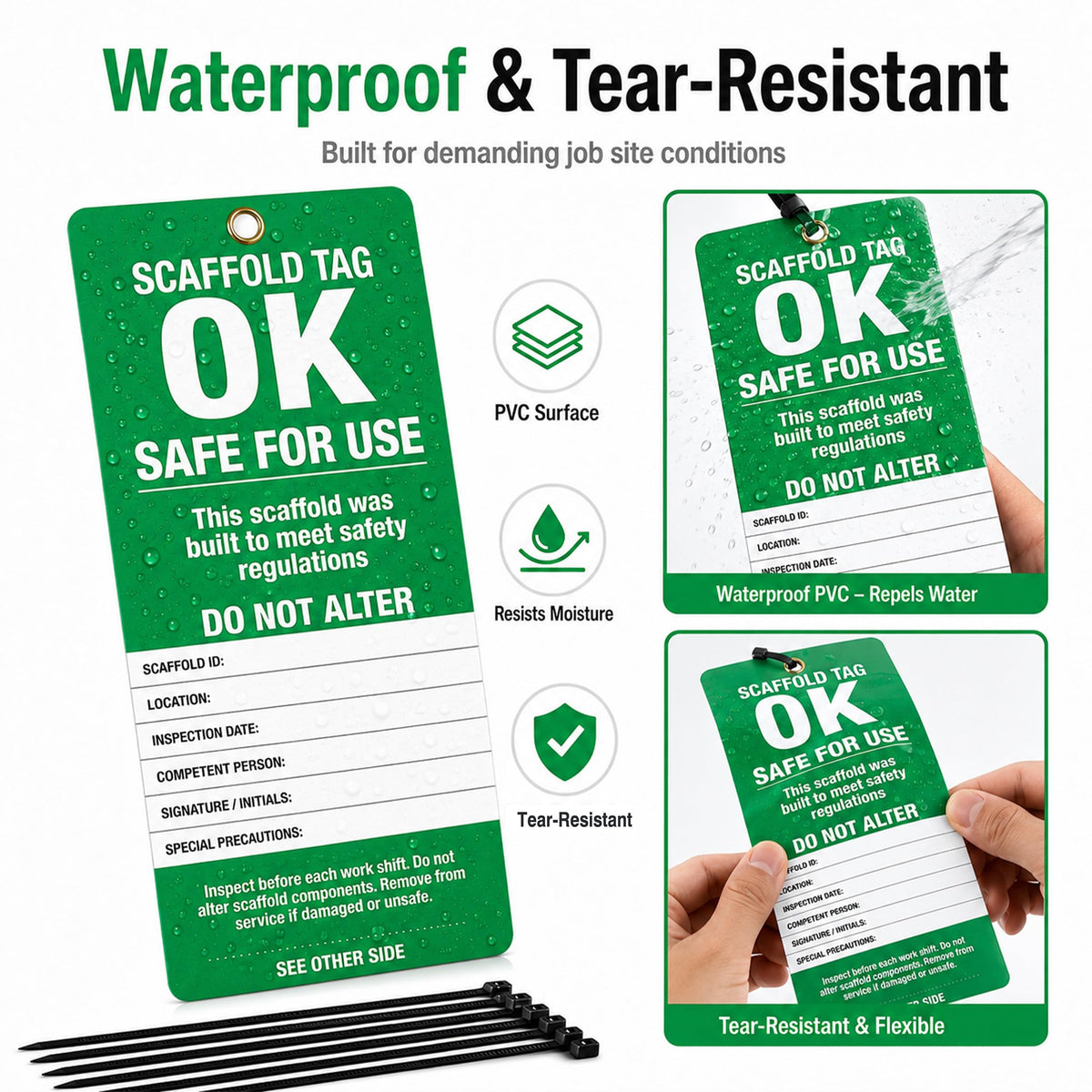 Scaffold Inspection Tags 25 Pack, OSHA Green Safety Tags with Cable Ties