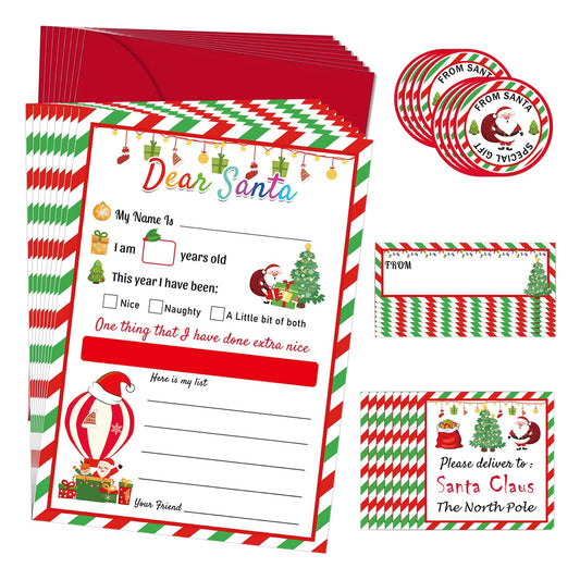 10 Set Santa Letter Kit Christmas Official Letters to Santa Christmas Wish List to Santa，Include Writing Letter/Envelopes/Address Labels/Seals Stickers/Return Address Label
