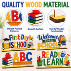 5 Pcs Back to School Decorations, Wooden Table Sign Set, First Day of School Desk Decor for Classroom Teacher Office Homeschool Bus–double-sided