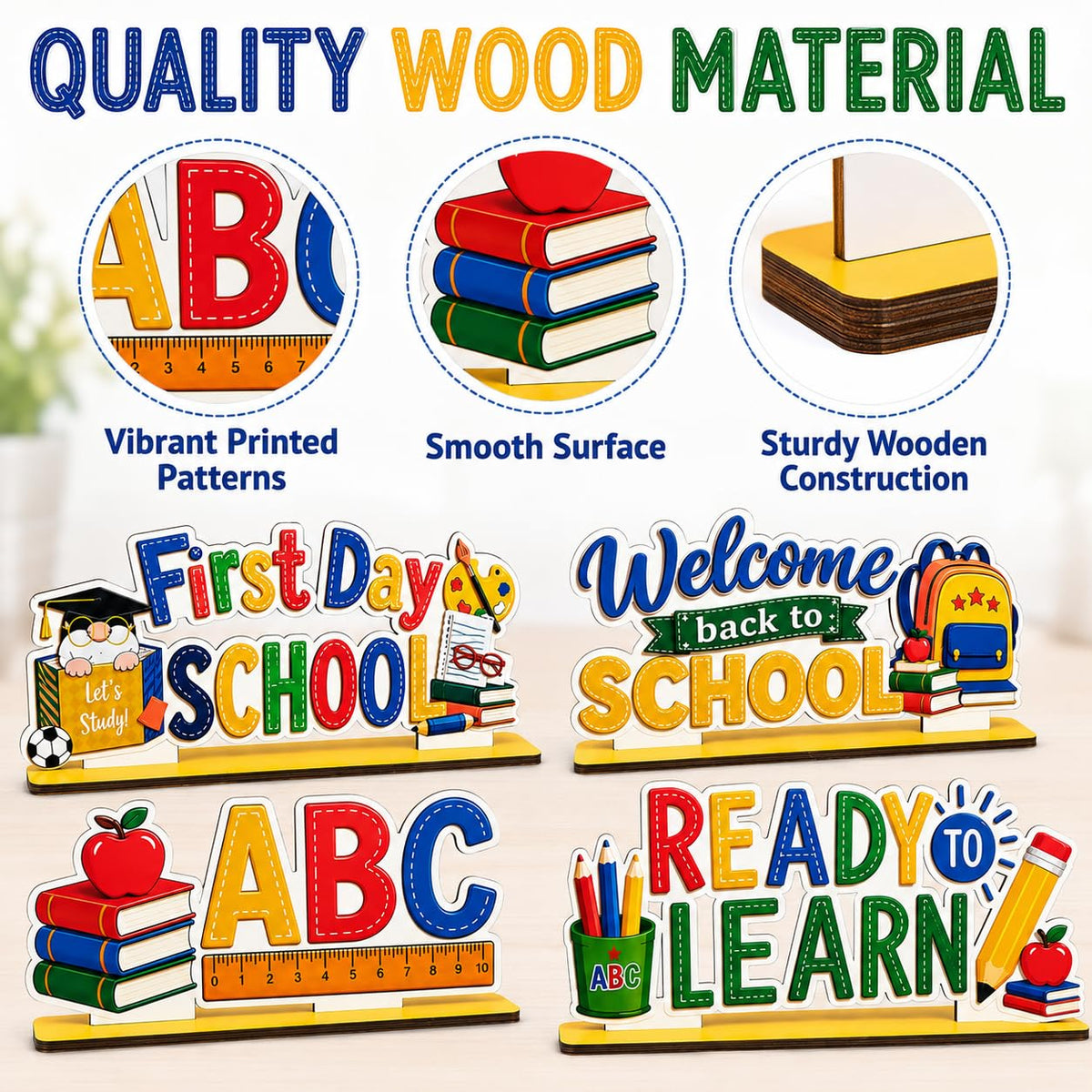 5 Pcs Back to School Decorations, Wooden Table Sign Set, First Day of School Desk Decor for Classroom Teacher Office Homeschool Bus–double-sided